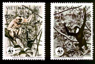 WWF-Briefmarken aus Vietnam (1987) fr den Schutz der Weisswangen-Schopfgibbons